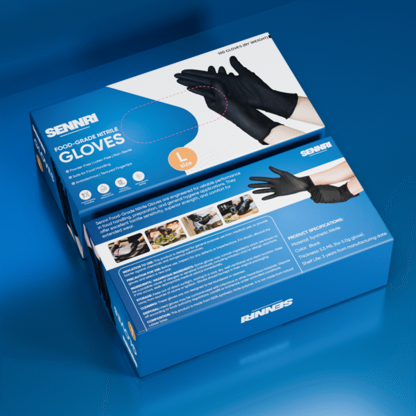 Sennri Black Nitrile Gloves – Case of 10 Boxes (Powder-Free, Food Safe)